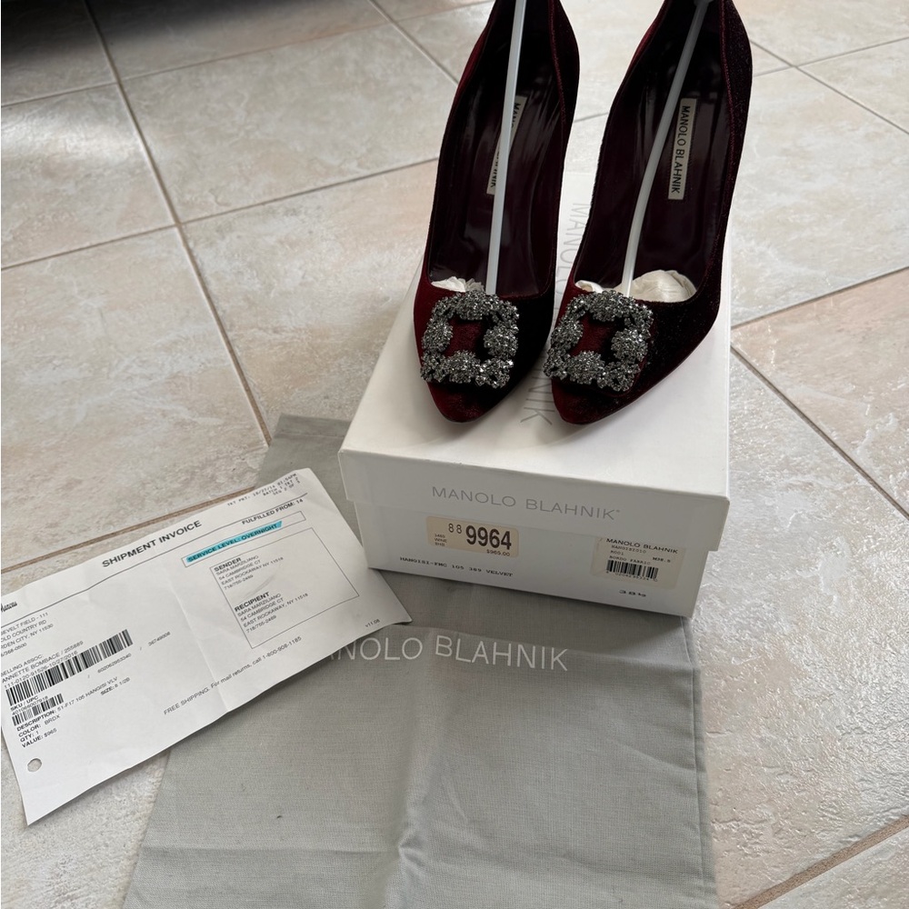 Manolo Blahnik Burgundy Velvet Heels with Swarovski Buckle